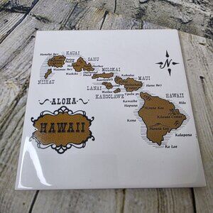 White Brown Aloha Hawaii Map Treasure Craft Tile Trivet Appx 6 x 6 Inches